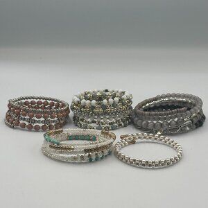 Lot of 6 Memory Wire Bracelets Beaded Neutral Metallic Mixed Stretch Boho